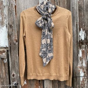 J.Crew Factory Women's S Safari Neck Tie Scarf Pullover Sweater In Cotton Zebra